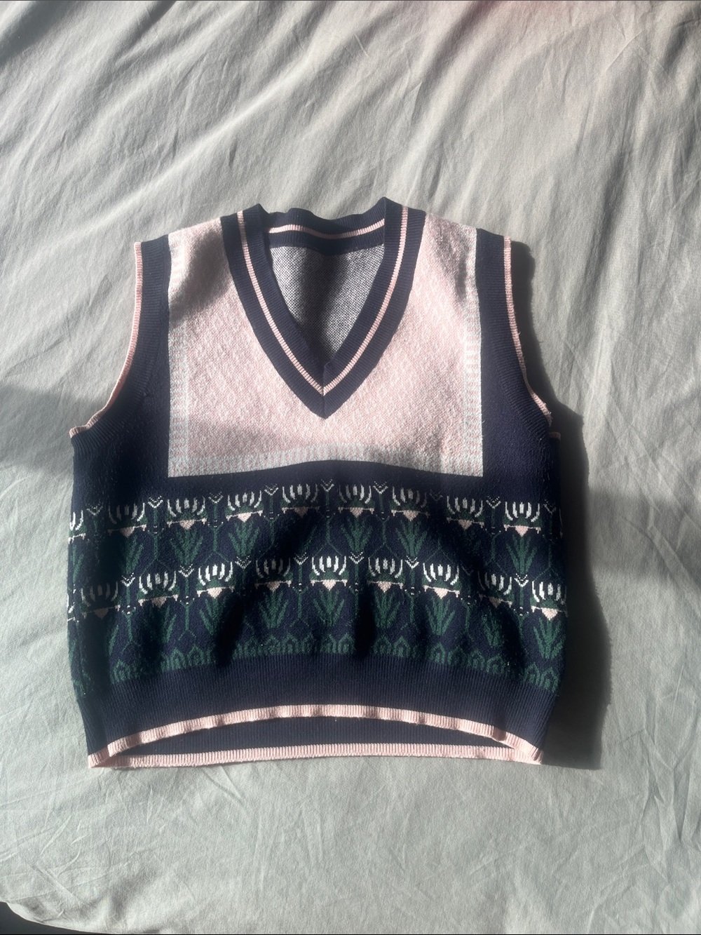 Navy & Pink Floral Jacquard V-Neck Sweater Vest